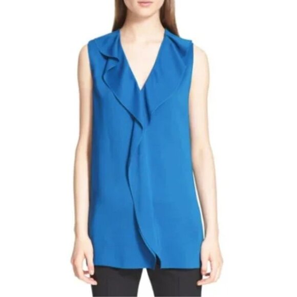 NEW Lanvin Ruffle V Neck Sleeveless Blouse in Blue Sz. M - Picture 2 of 4